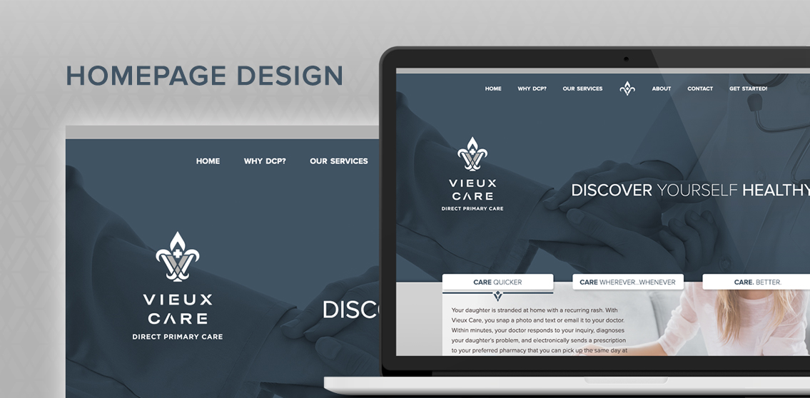 View of Vieux Care's website header, designed by Entermotion, a Wichita web-design studio.